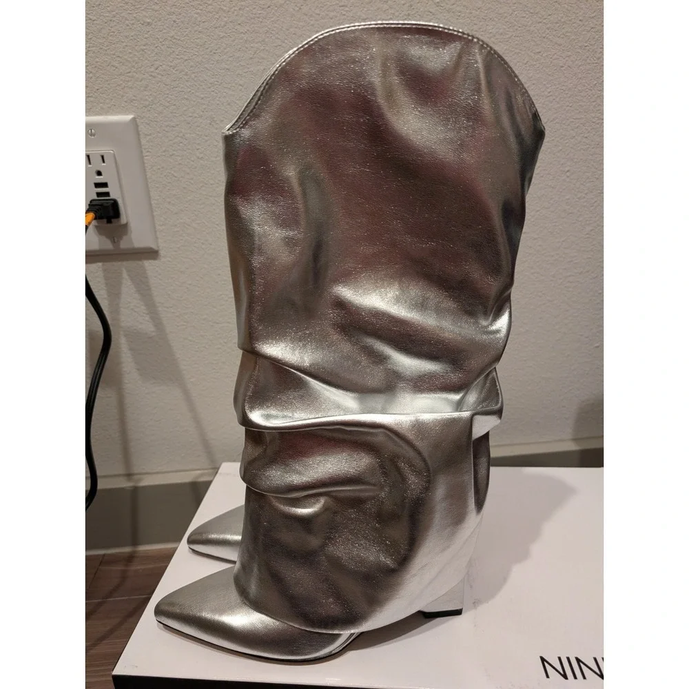 Nine West Women Shoes 6M Amazing Slouchy Point Wedge Heel Boots‎ Silver